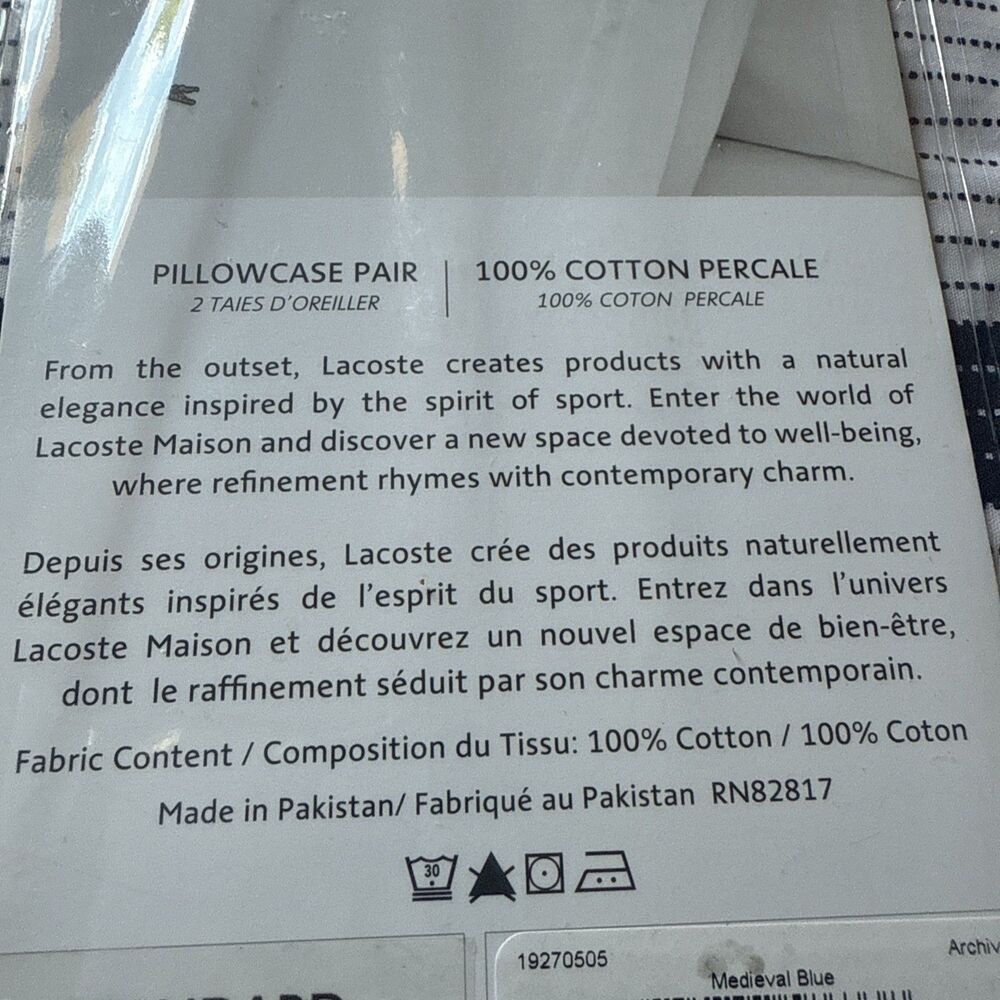 Lacoste 100% Cotton Medieval Blue Standard Pillowcase Pair Archive 2 Pillow Case - Picture 6 of 8